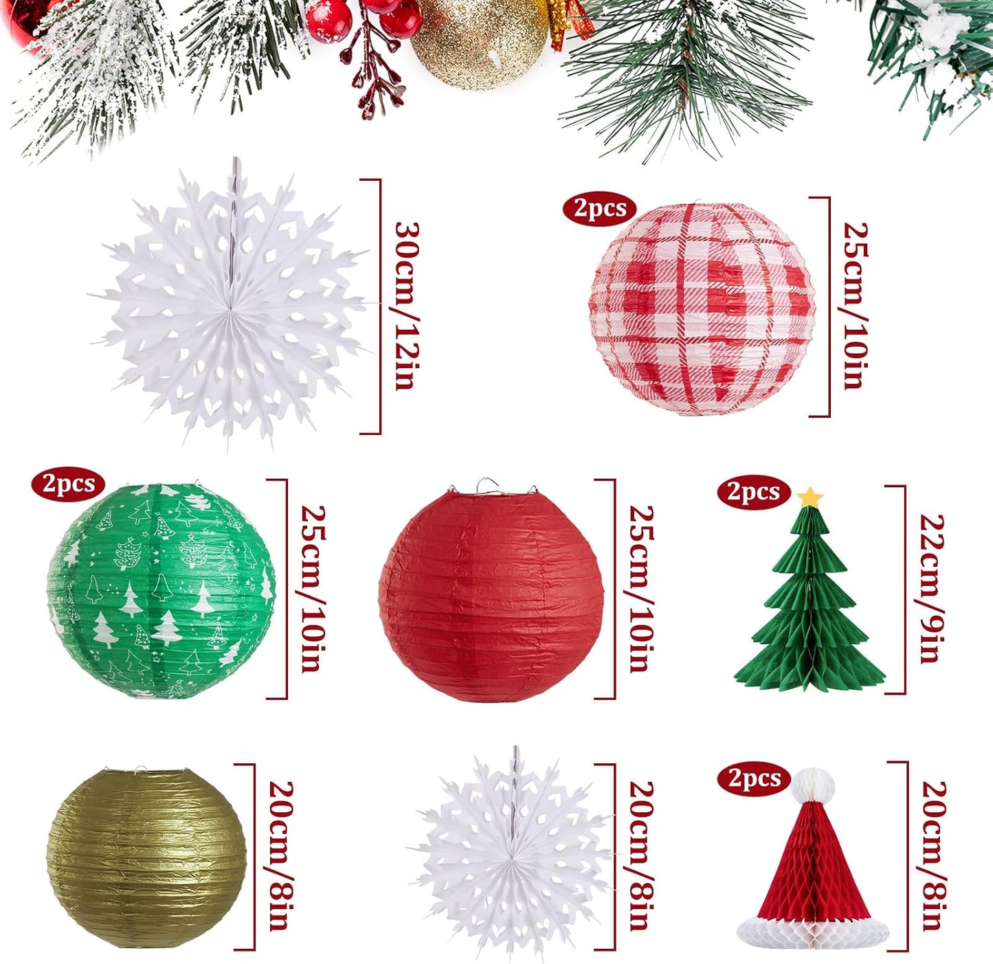Adornos colgantes navidad 12 pzas linternas papel panal rojo verde dorado