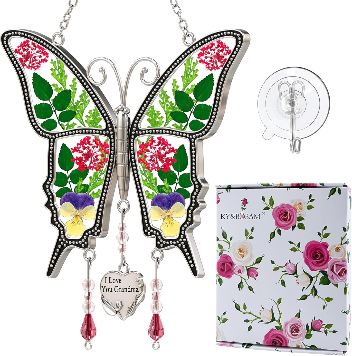 Atrapasoles mariposa I Love You con flor y corazón metal