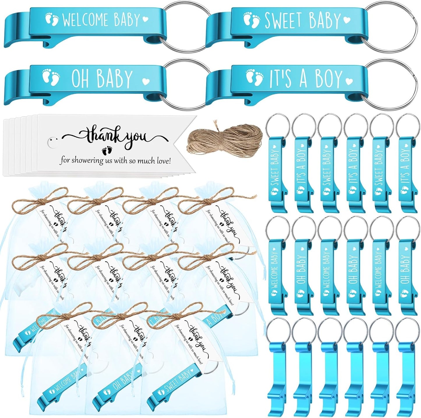 50 Set Regalo Baby Shower Azul con Etiquetas y Llaveros