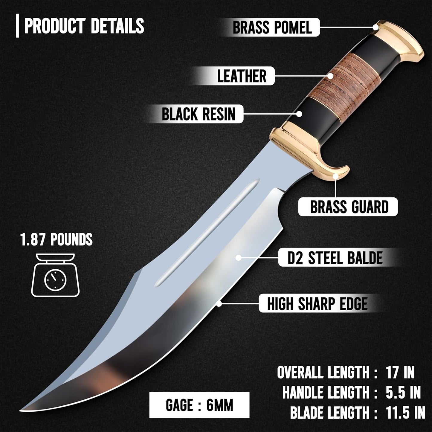 Cuchillo Bowie Dundee 17pulg con funda espiga caza