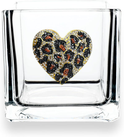 Jarrón portavelas 4x4pulg diseño corazón leopardo regalo mujer