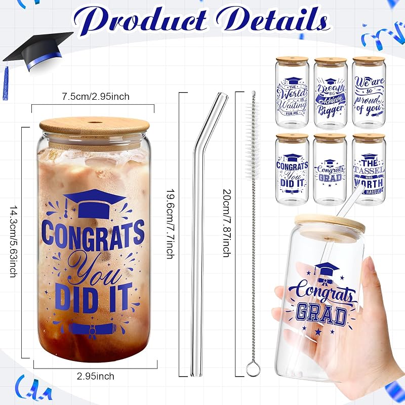Set 6 vasos vidrio graduado 16oz con tapa popote azul