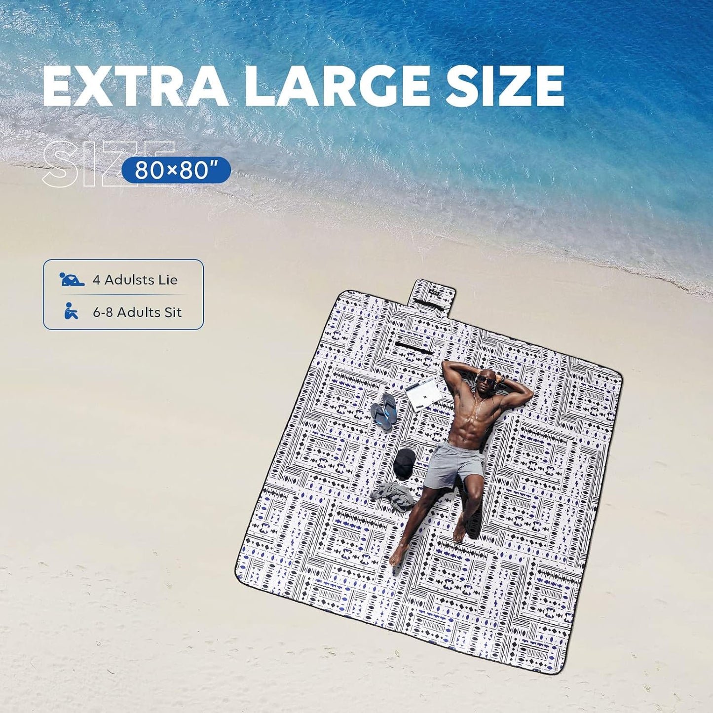 Manta picnic playa 80x80 impermeable plegable negro azul