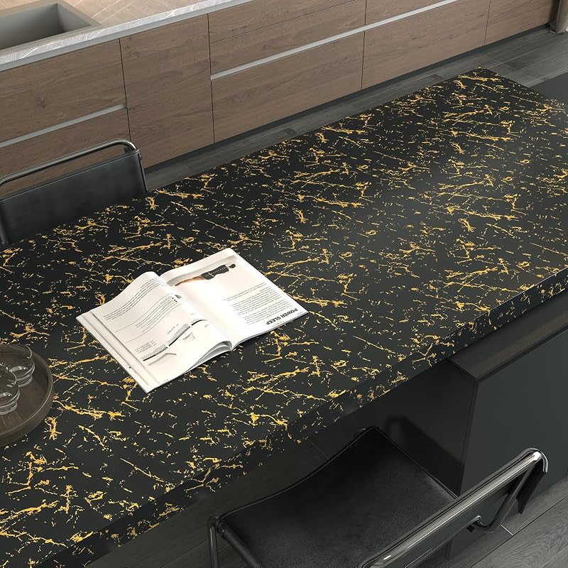 Papel tapiz mármol negro y dorado 15.8x80"