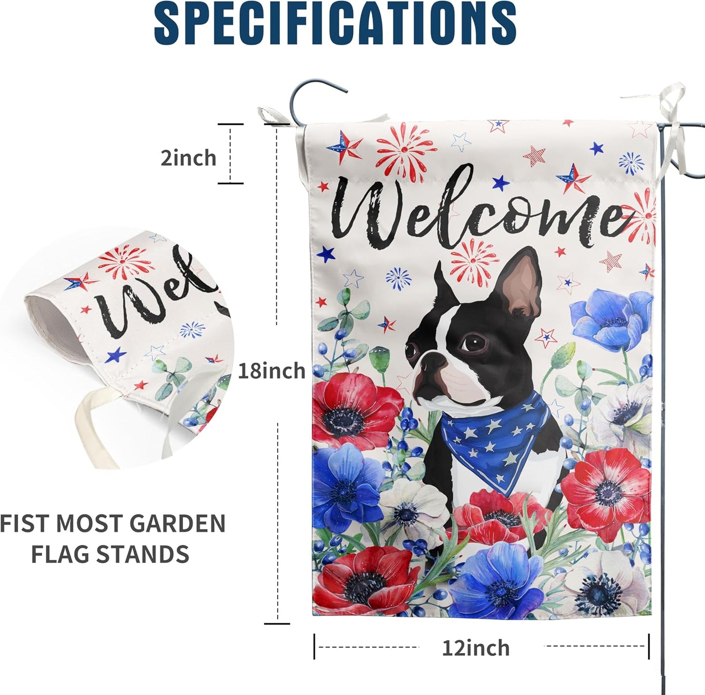 Bandera jardín Boston Terrier 4 de Julio 12x18pulg