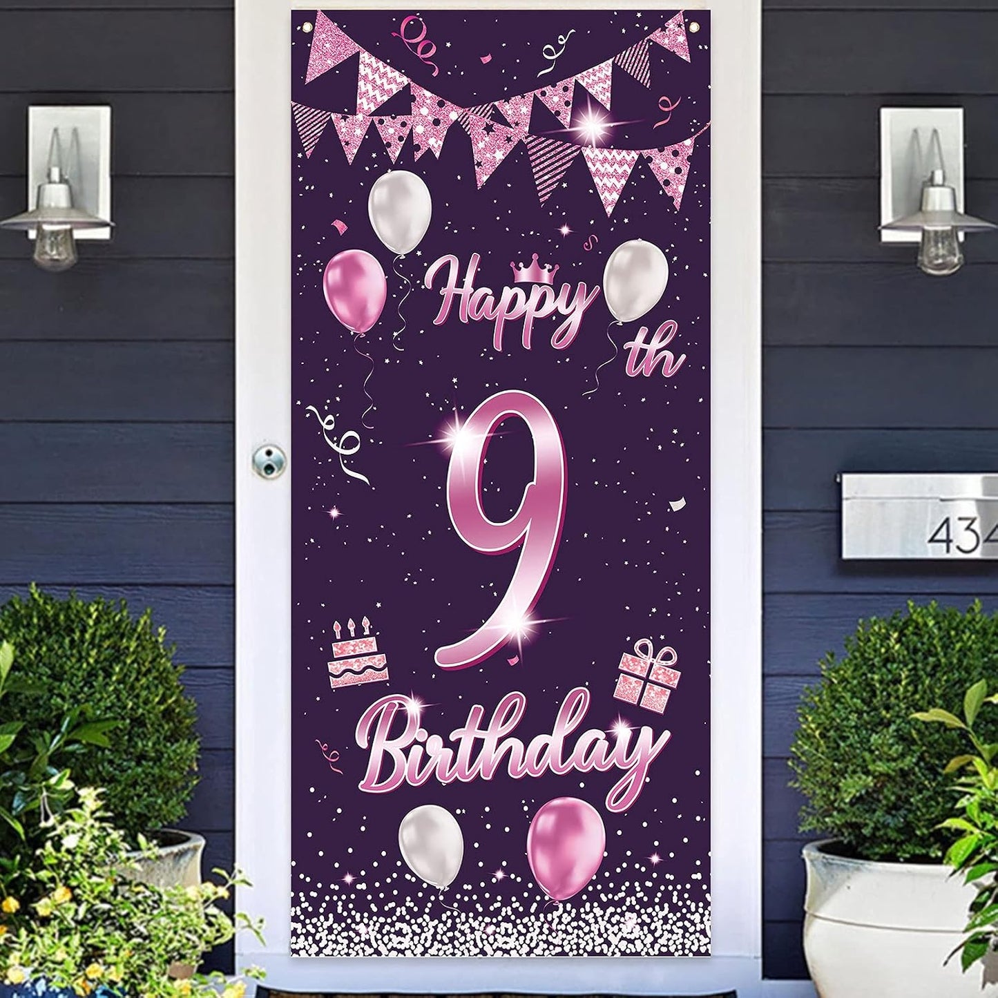 Cartel feliz cumpleaños 9 años globos rosa morada decoración puerta