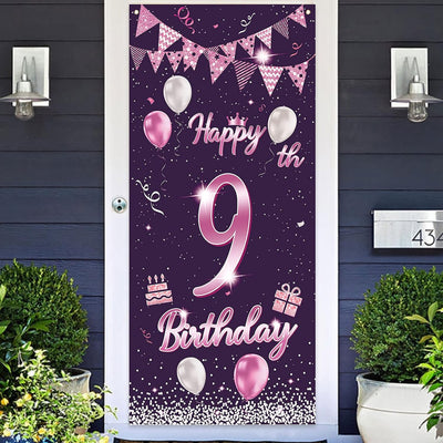 Cartel feliz cumpleaños 9 años globos rosa morada decoración puerta