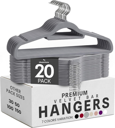20 Perchas Terciopelo Antiderrap Grises con Barra Corbatas