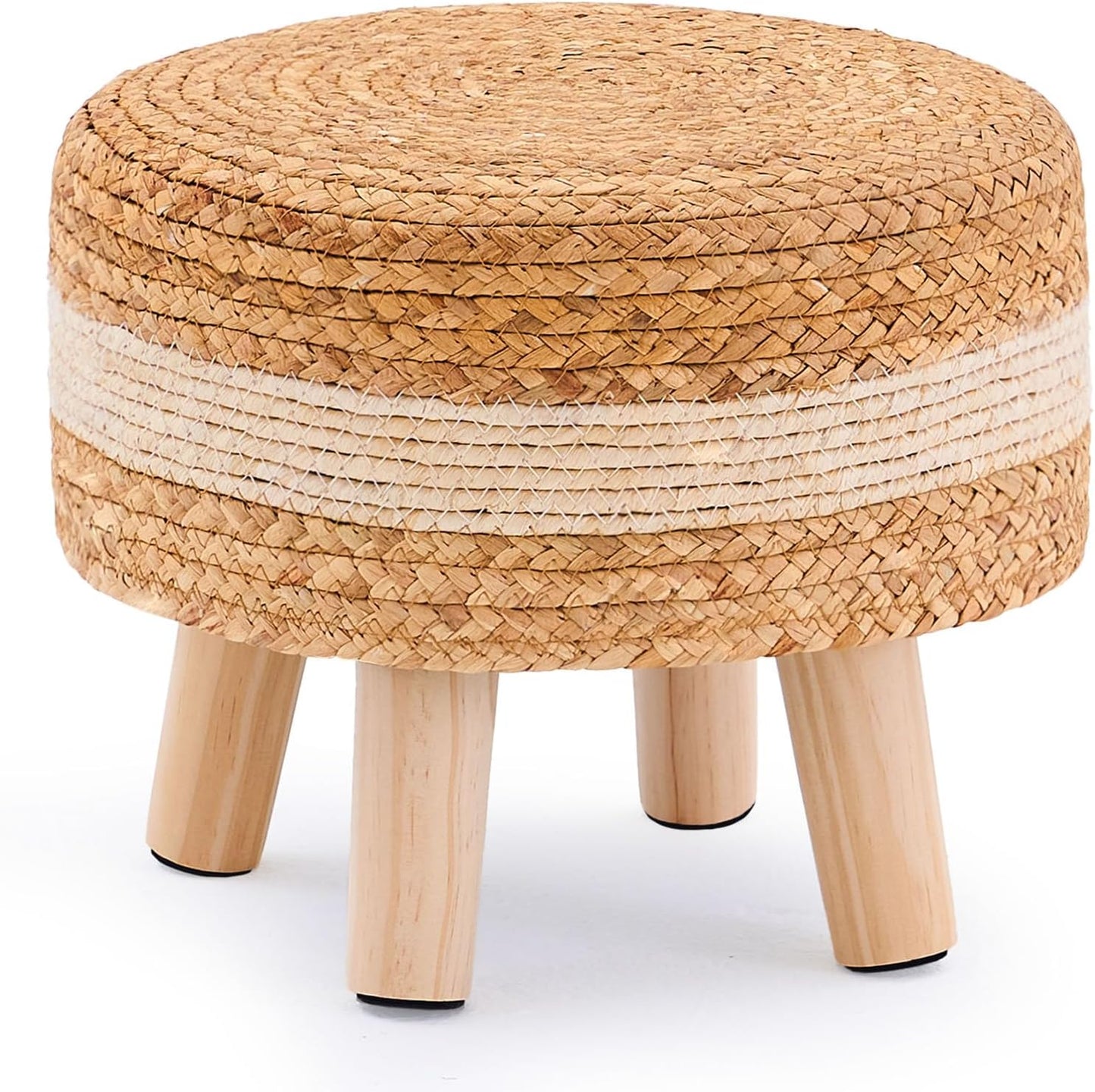 Otomana redonda tejida a mano con patas madera color blanco