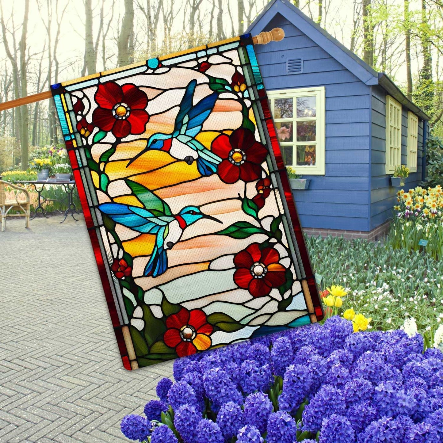 Bandera jardín colibrí estilo cristal 28x40"