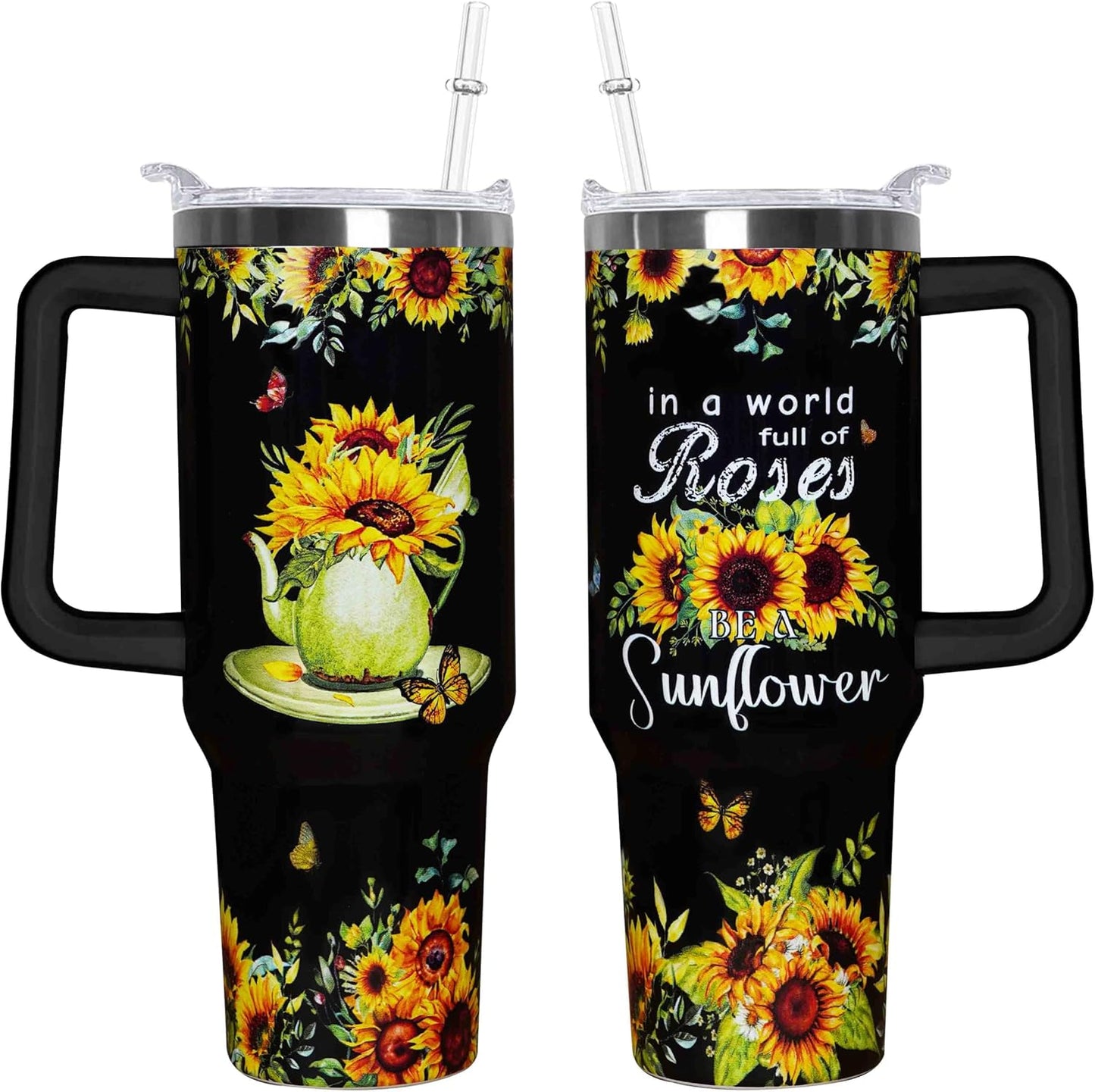 Vaso girasol 40oz doble aislamiento con asa tapa pajita