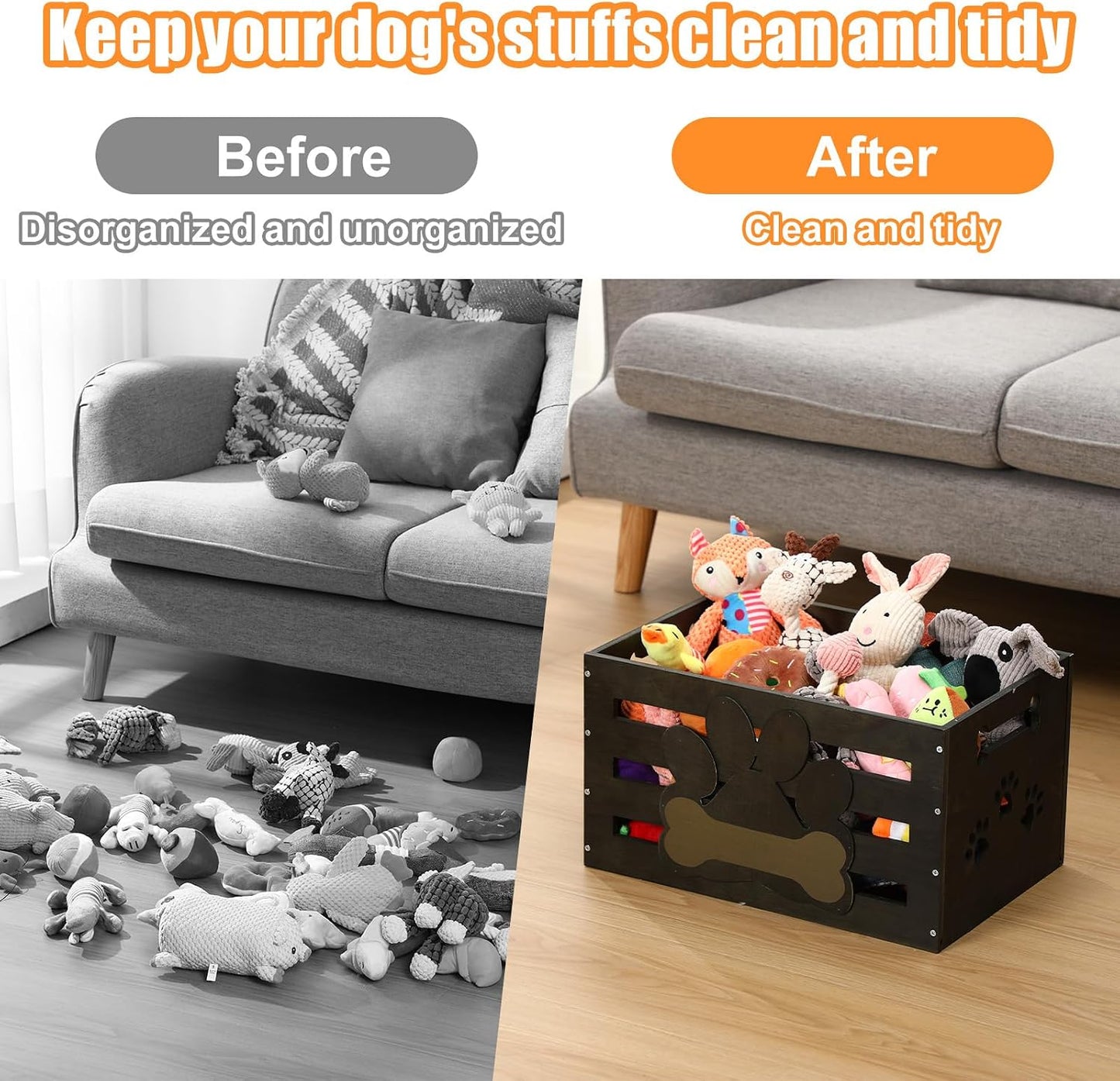 Cesta de juguetes para perros con asas y diseño de etiqueta