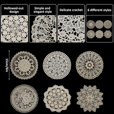 Doilies de encaje 6 pulgadas redondos hechos a mano para mesa
