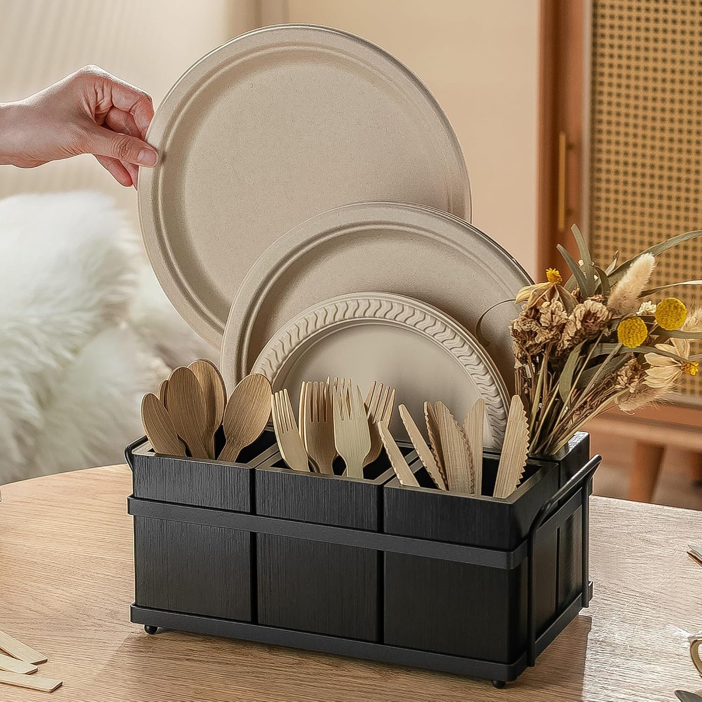 Organiz. cubiertos madera negra dispensador platos papel