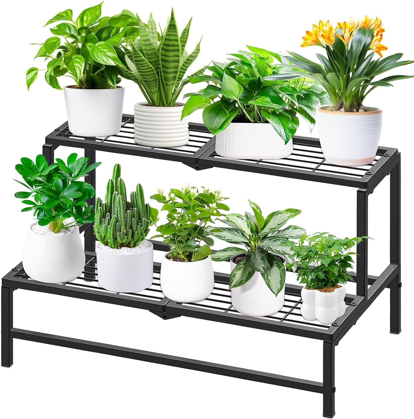 Soporte plantas 2 niveles metal negro para patio jardín