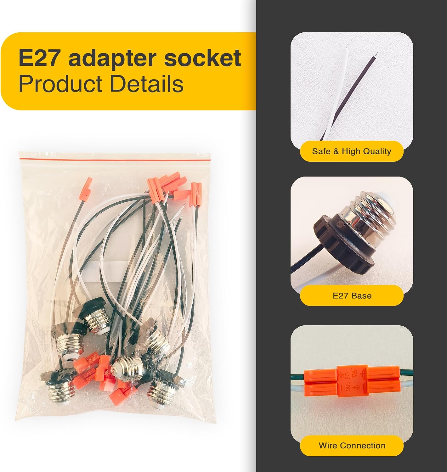 10 Adaptadores E26 Base Mediana con Cable 15.75pulg