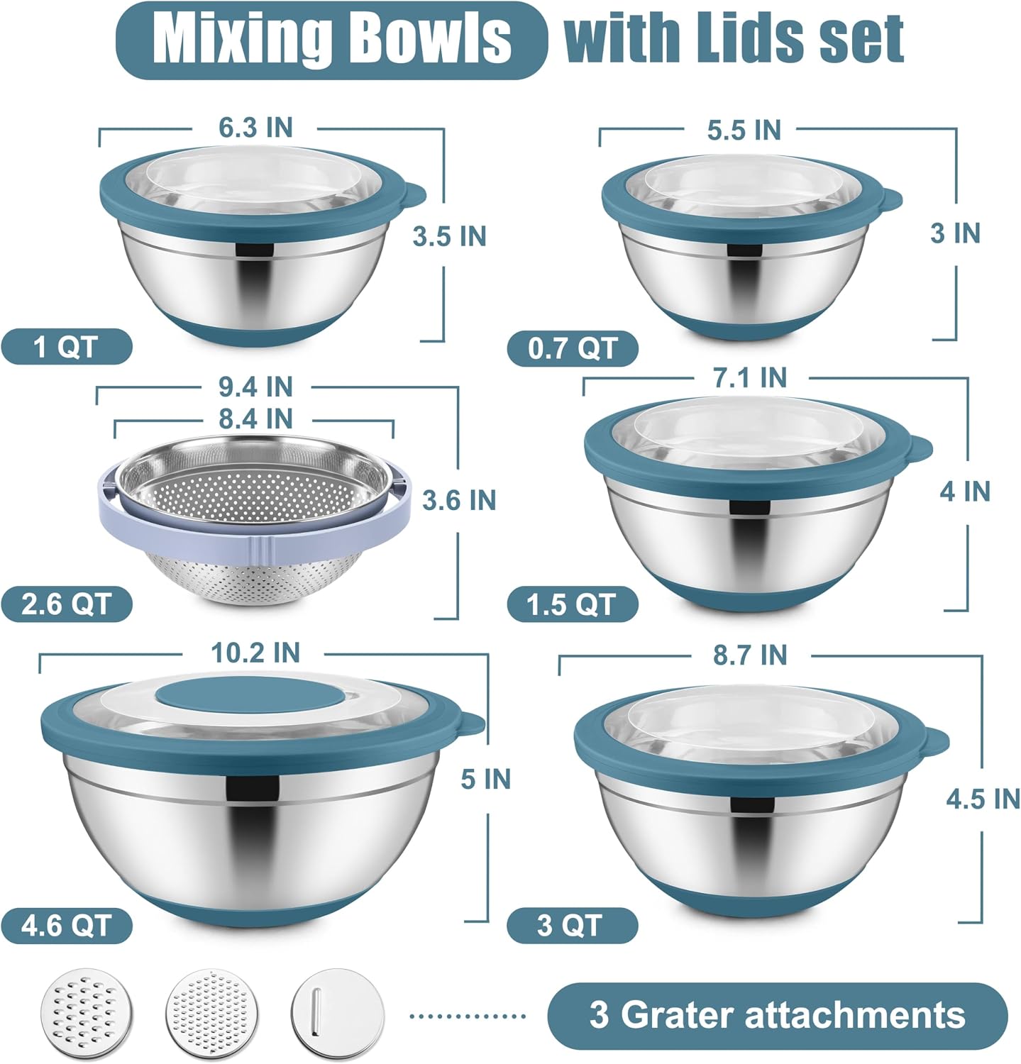 Set 15 Pzas Tazones Acero Inox Anidables con Colador