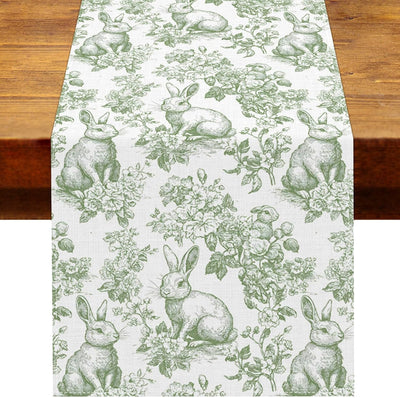 Camino de mesa Pascua vintage Toile de Jouy conejo verde y blanco decoracion fiesta primavera