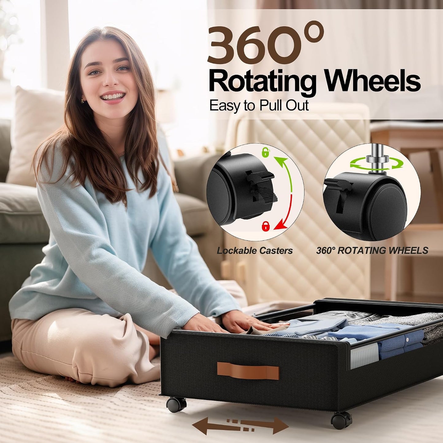 2 Contenedores Almacenamiento Cama con Ruedas XXL 60L Negro