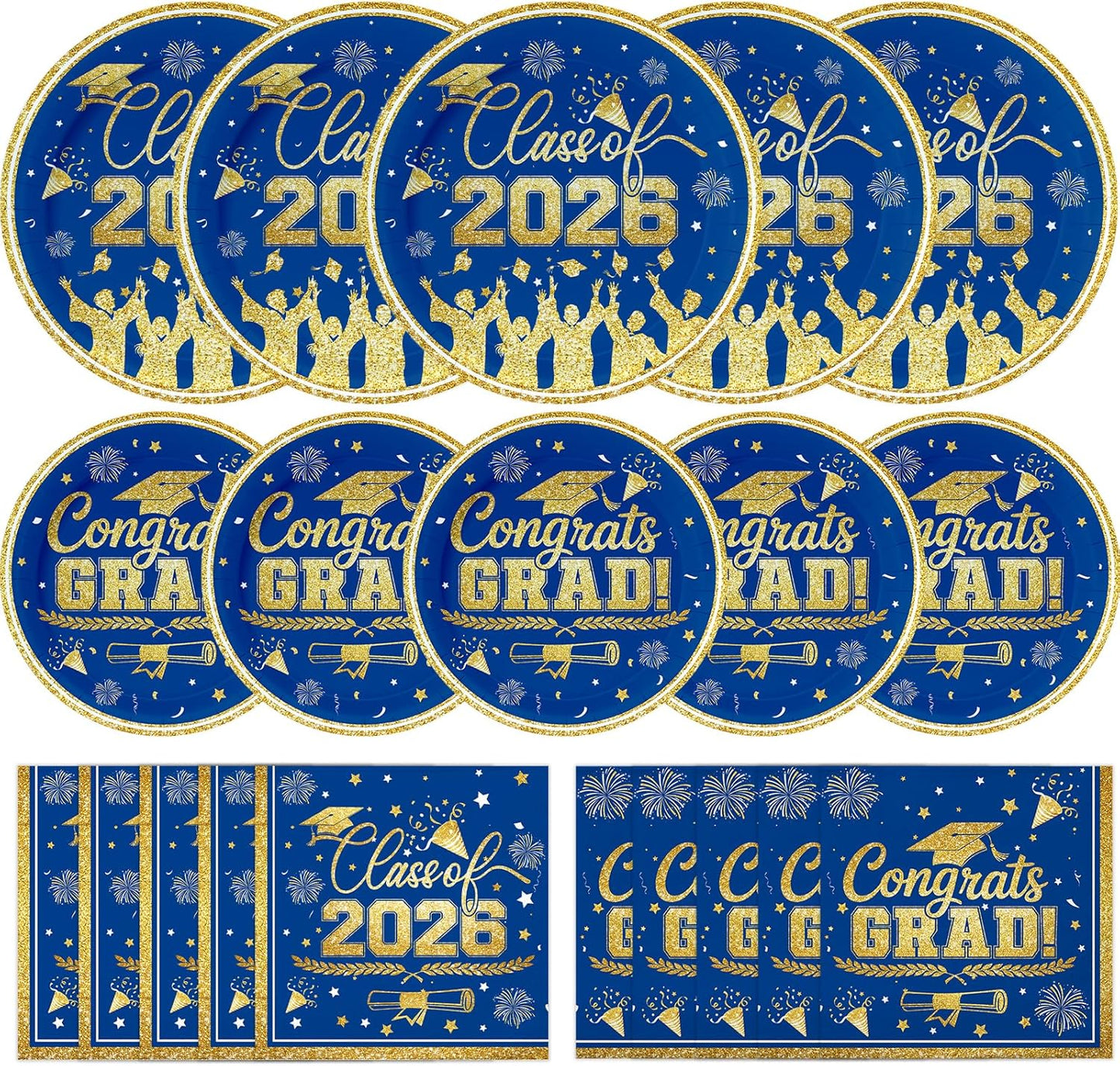 Set 100 Platos Servilletas Graduación Azul Dorado Clase 2026
