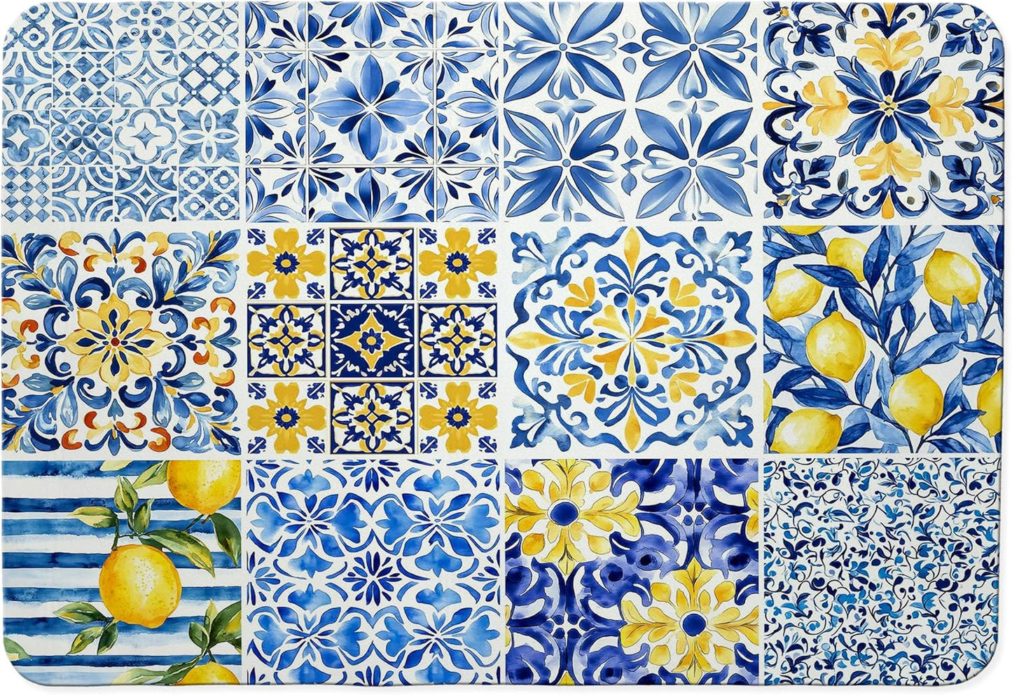 Tapete secado platos azulejos mediterráneos con limones