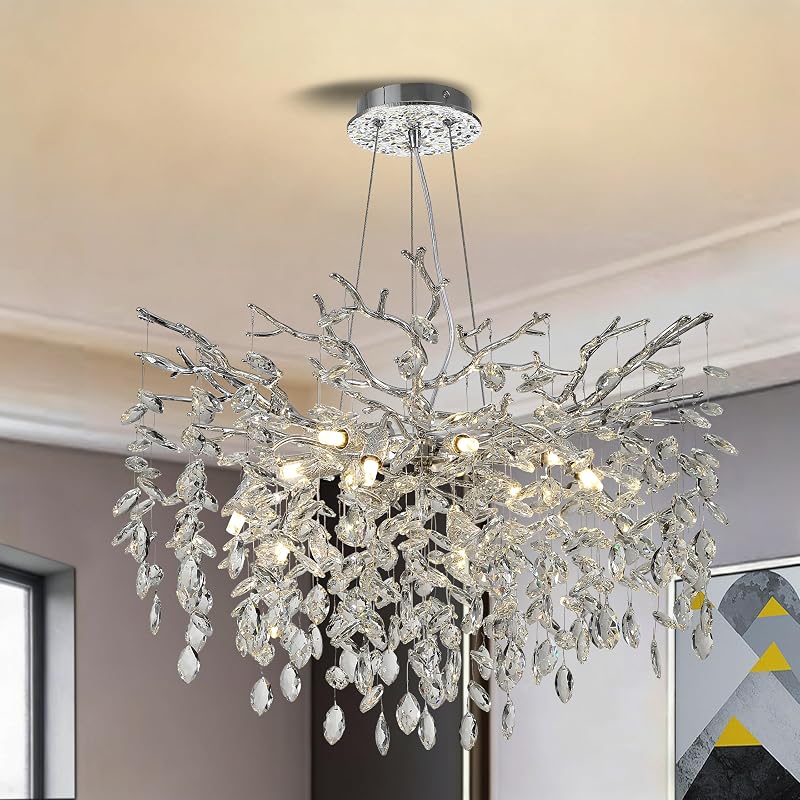 Candelabro ramas cristal 31.5" plateado 10 luces colgante