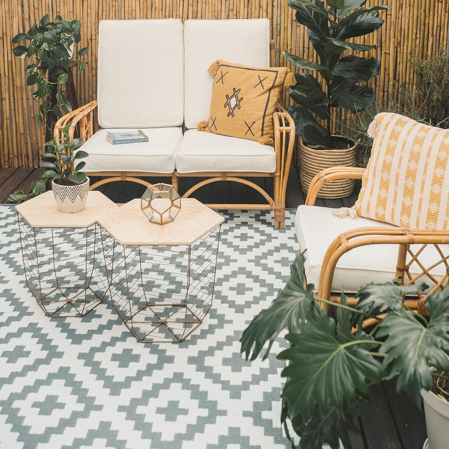 Alfombra reversible patio 9x18ft gris y blanco impermeable