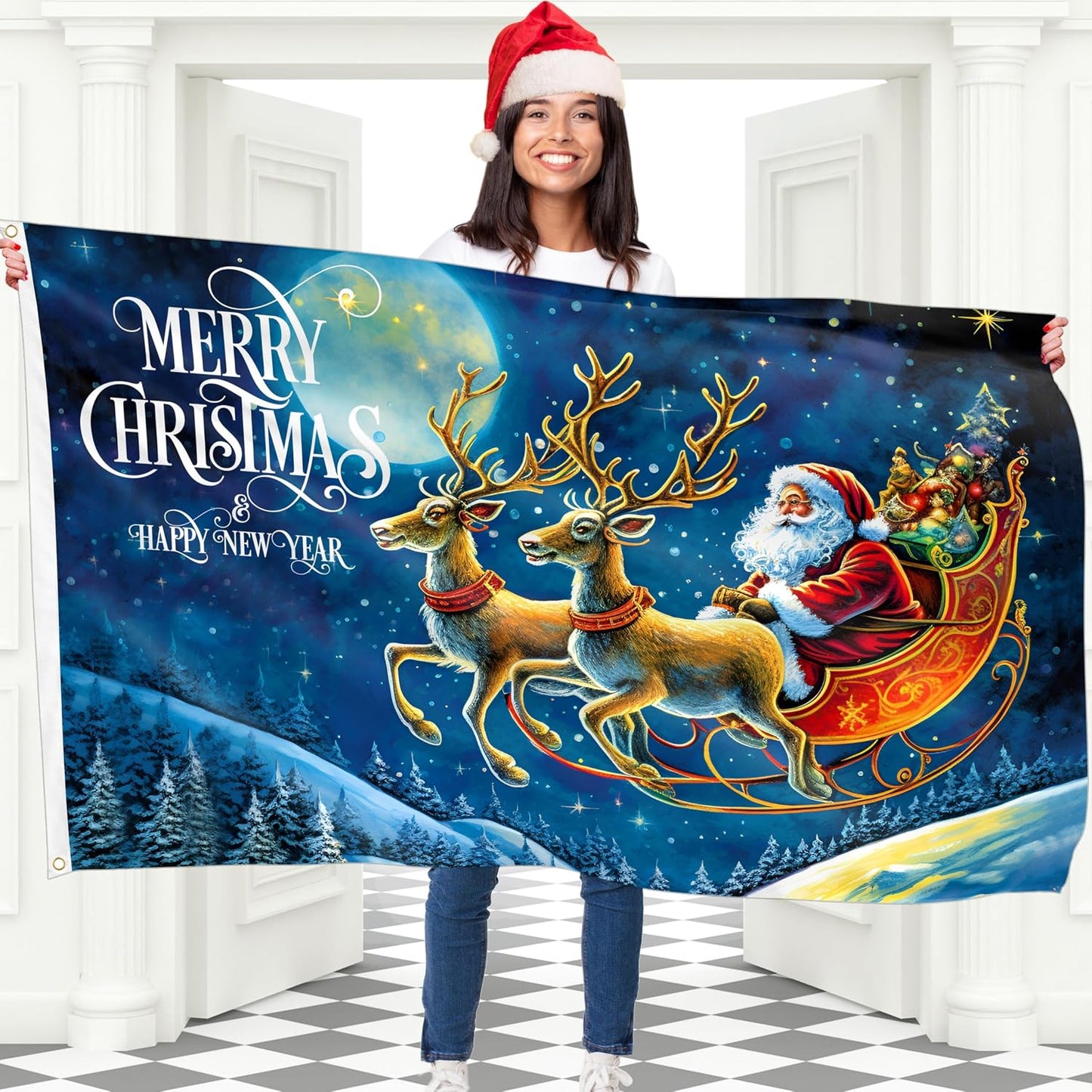 Bandera Navidad 3x5ft Papá Noel poliéster doble costura