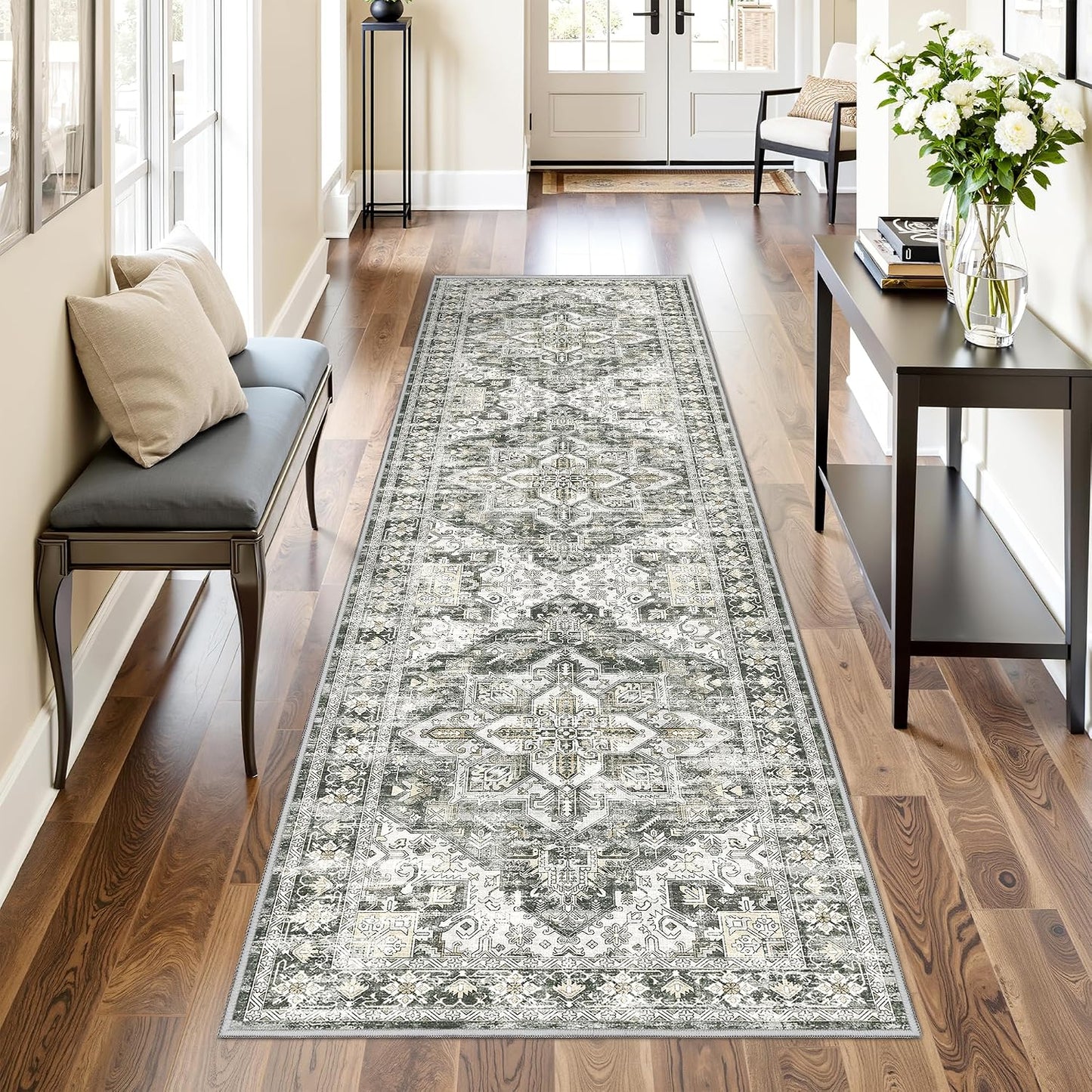 Tapete pasillo antiderrap estilo vintage 2x8ft gris/beige
