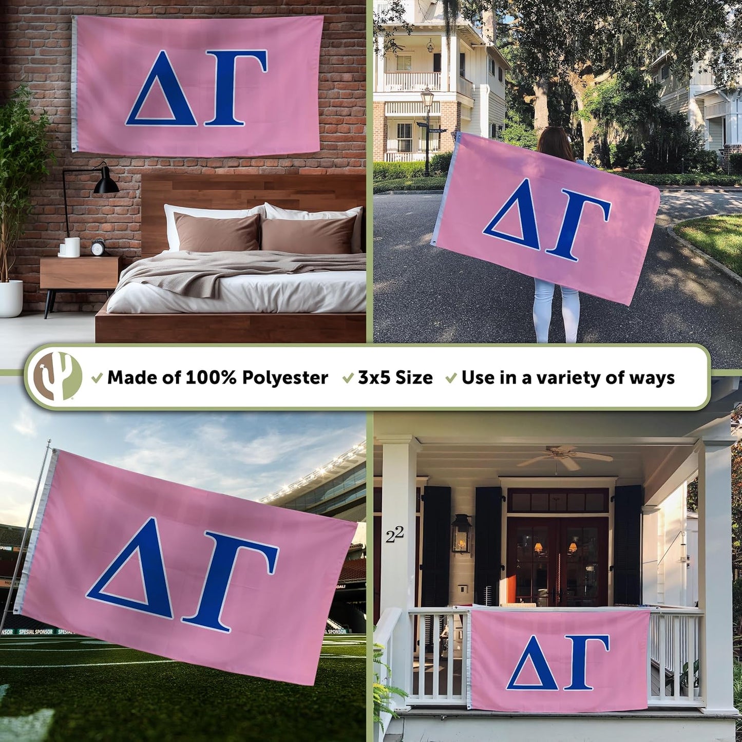 Bandera Delta Gamma letras griegas rosadas y azules 3x5ft