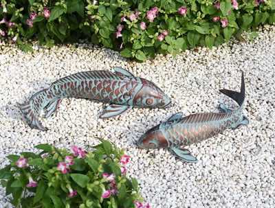 2 Estatuas Peces Koi Cobre Arte Jardín Exterior
