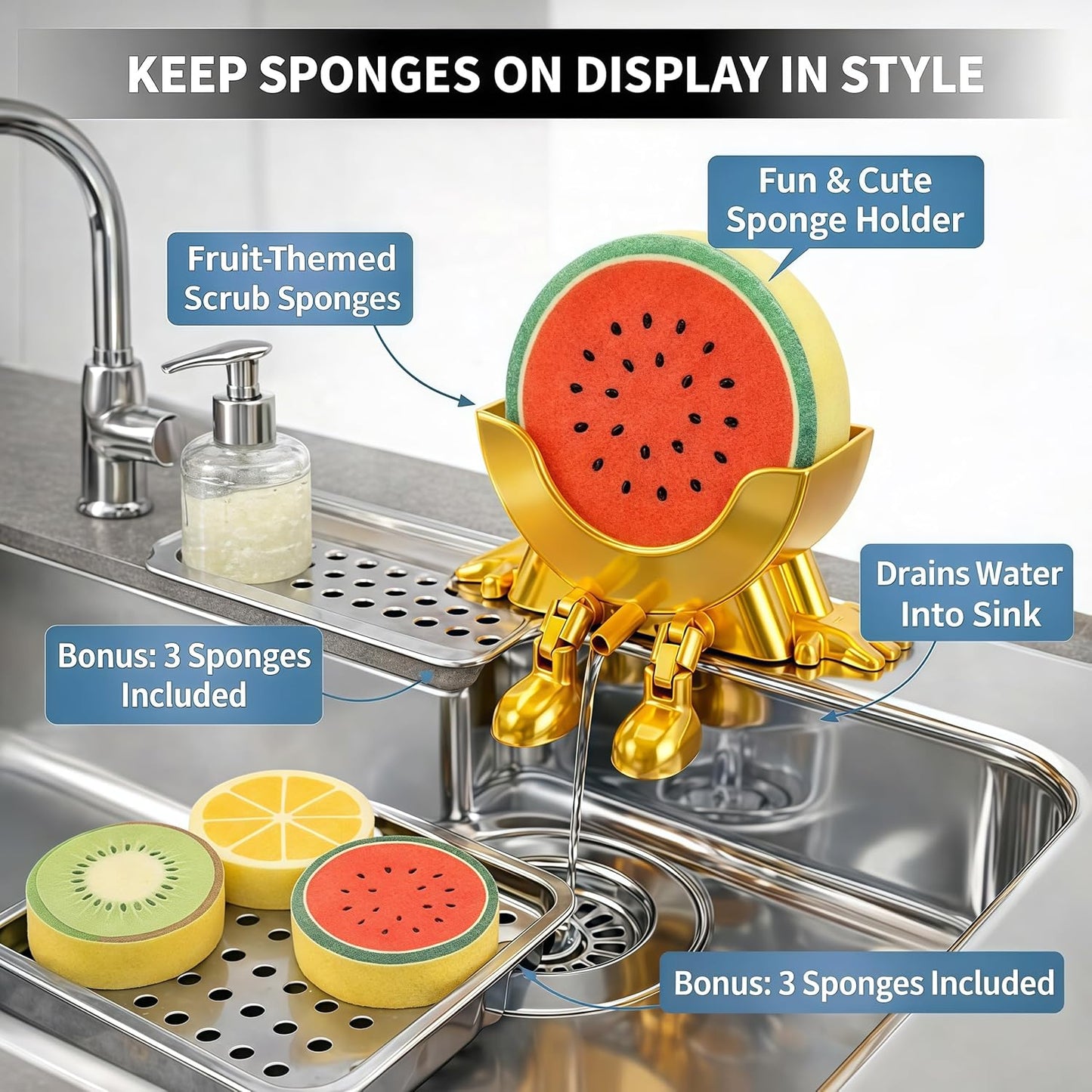 Soporte esponjas frutas 3D dorado con drenaje cocina