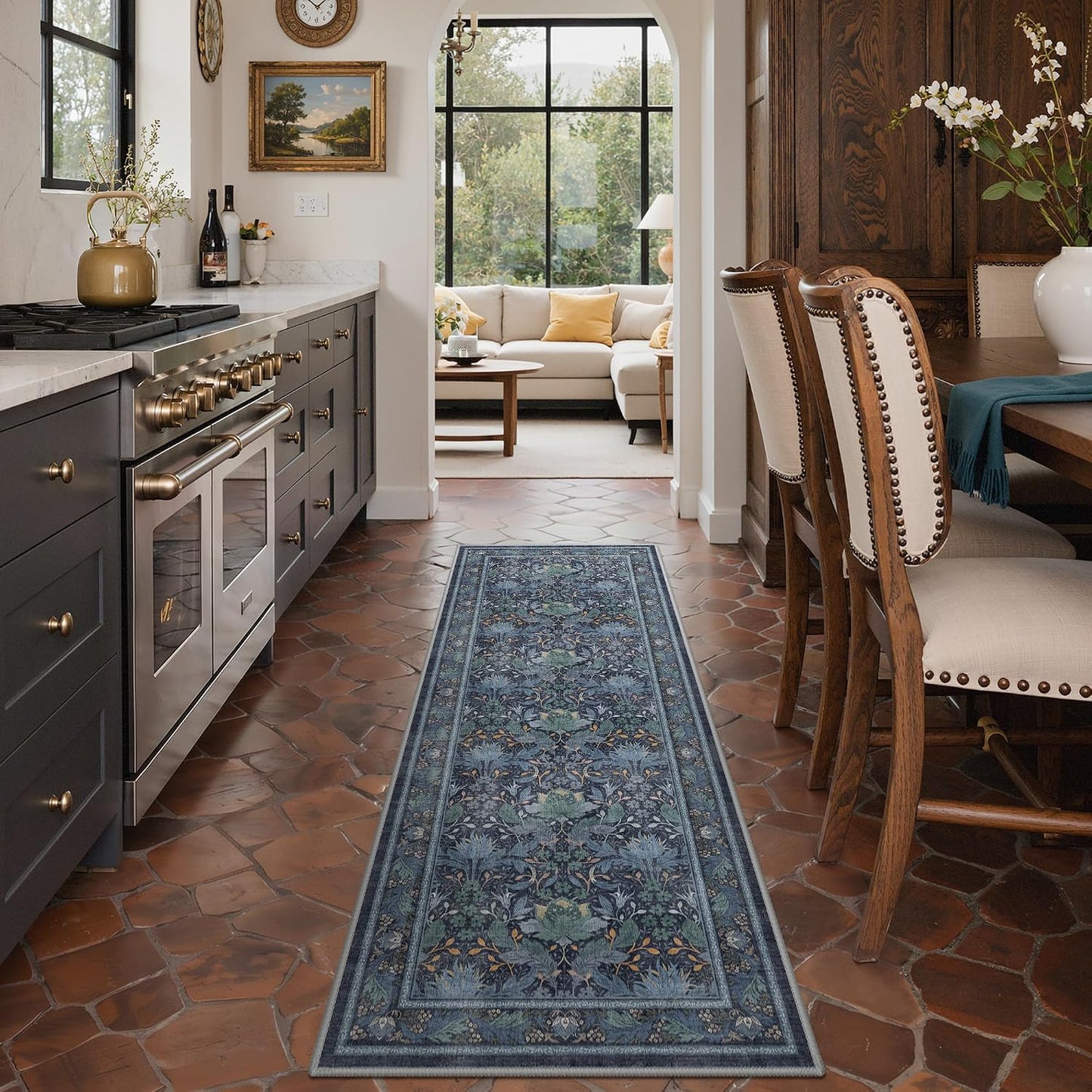 Alfombra pasillo microfibra antiderrap vintage azul oscuro