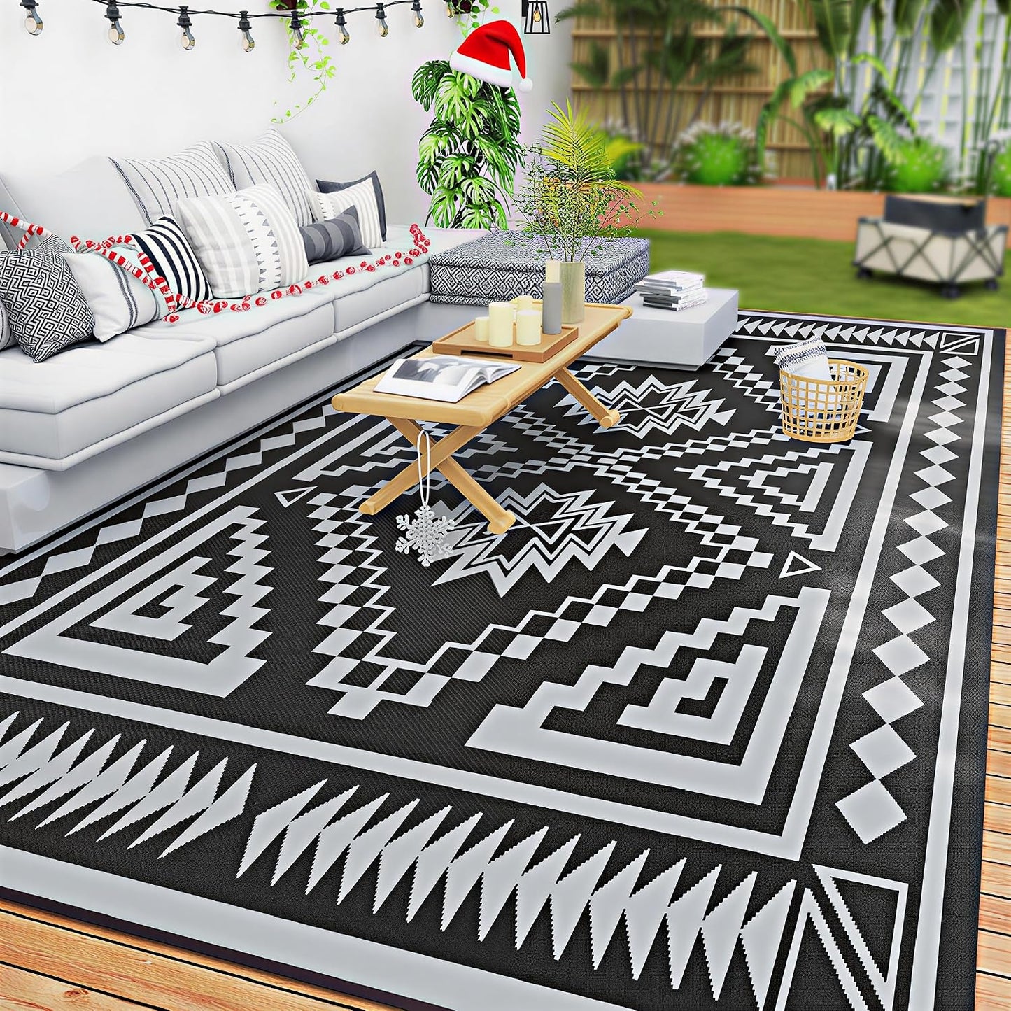 Alfombra exterior impermeable 9x18ft negro y gris reversible