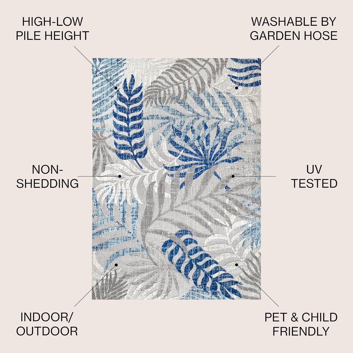 Alfombra diseño hojas palmera 3x5ft gris/azul
