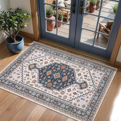 Alfombra vintage lavable 2x3ft para entrada suave color azul beige