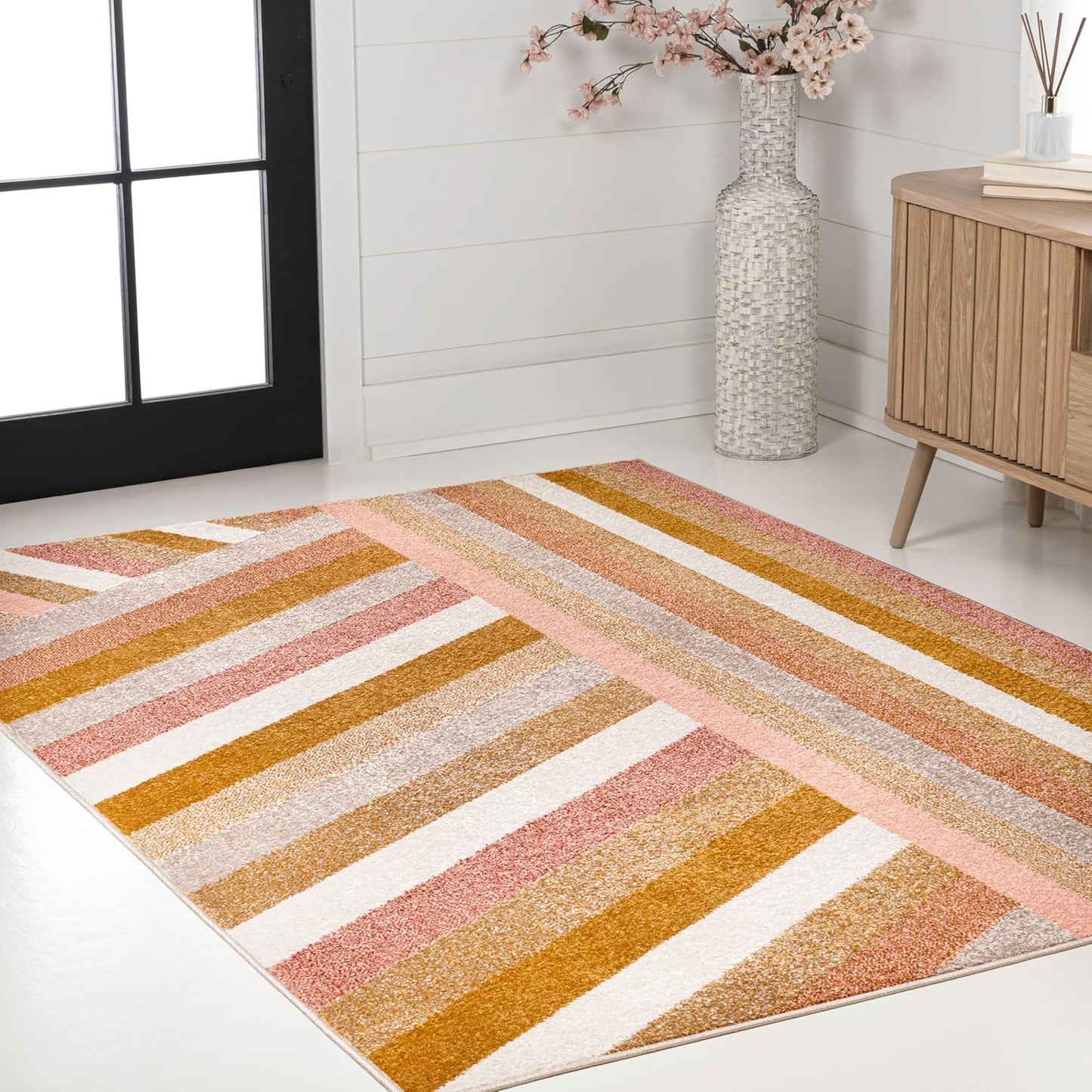 Alfombra retro 5x8ft rayas contemporáneas rojo dorado crema