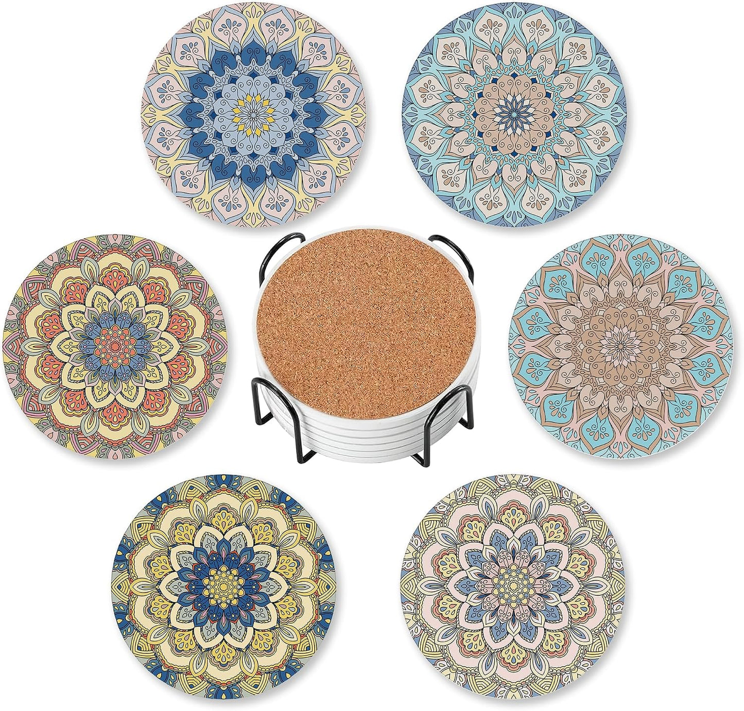 6 Pzas Posavasos Cerámica Mandala con Base Corcho