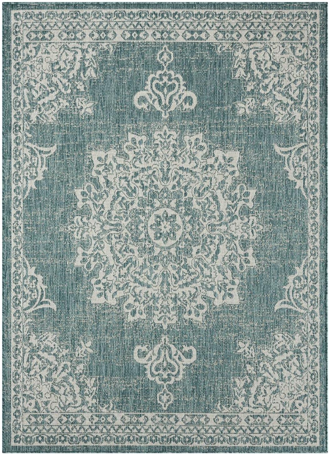 Alfombra geométrica medallón patio 6.6x9.2ft azul/blanco