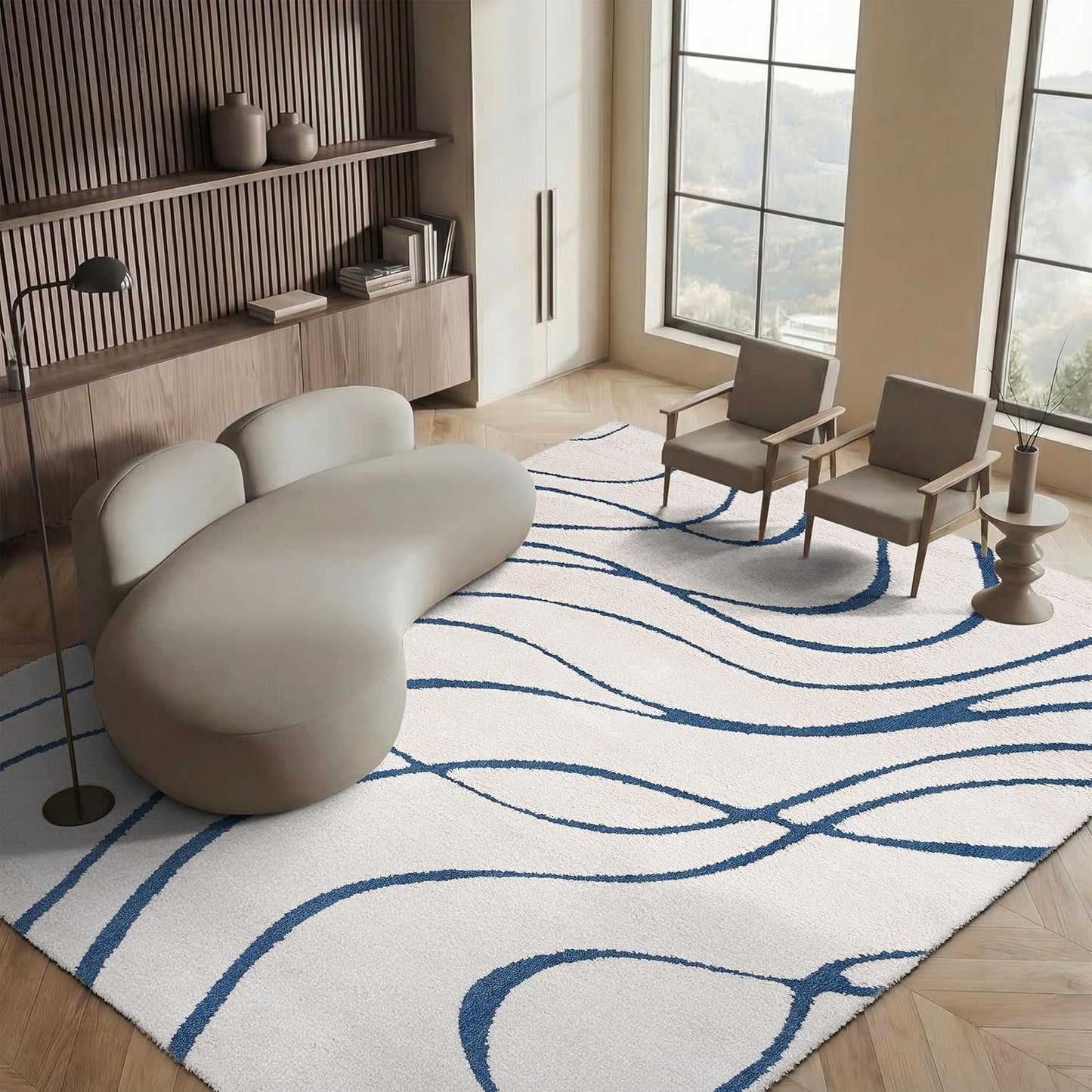 Alfombra Shag 8'6x12' felpa 12pulg crema/azul sala