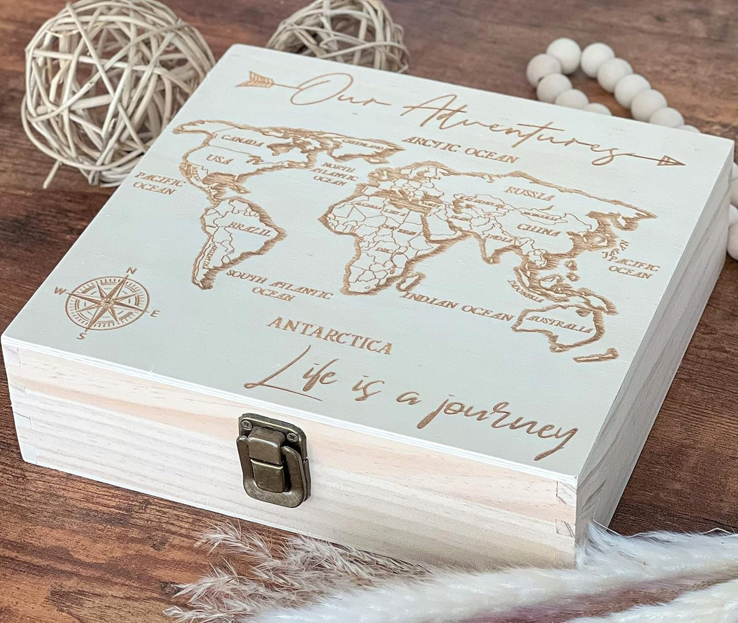 Caja recuerdos viaje madera 8.5x8x2.5" diseño mapa