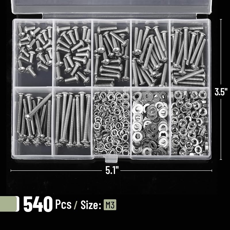 Kit 540 Pzas Tuercas y Pernos Acero Inox M3 6-30mm