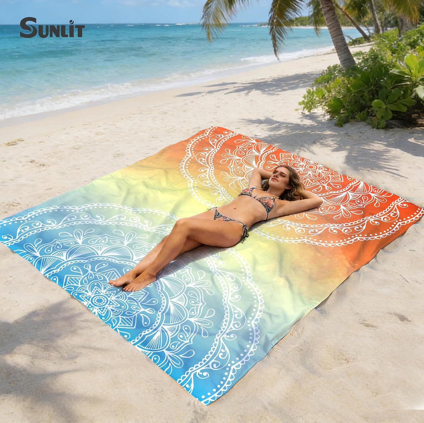 Manta playa suave 106x81" diseño mandala con bolsillos