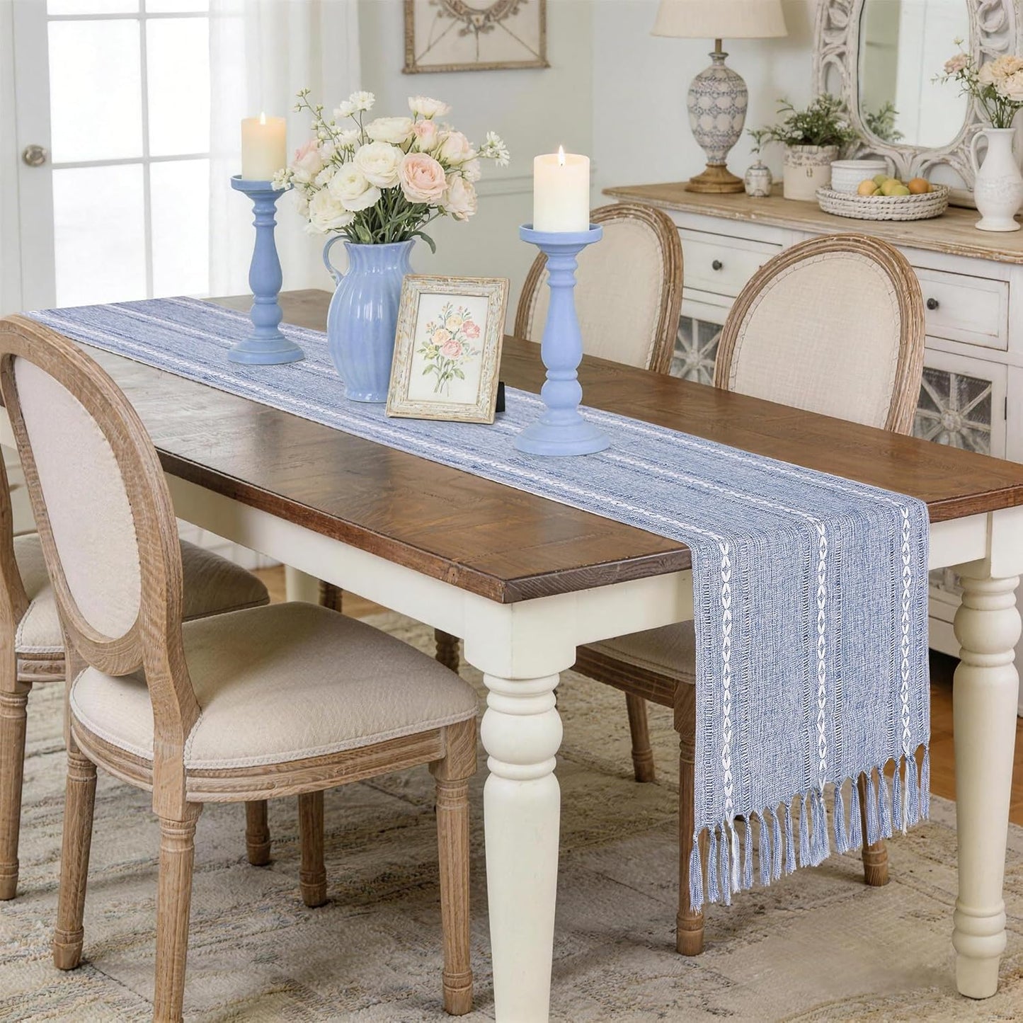 Mesa Camino Azul Polvoriento 15x72pulg Algodón Lino
