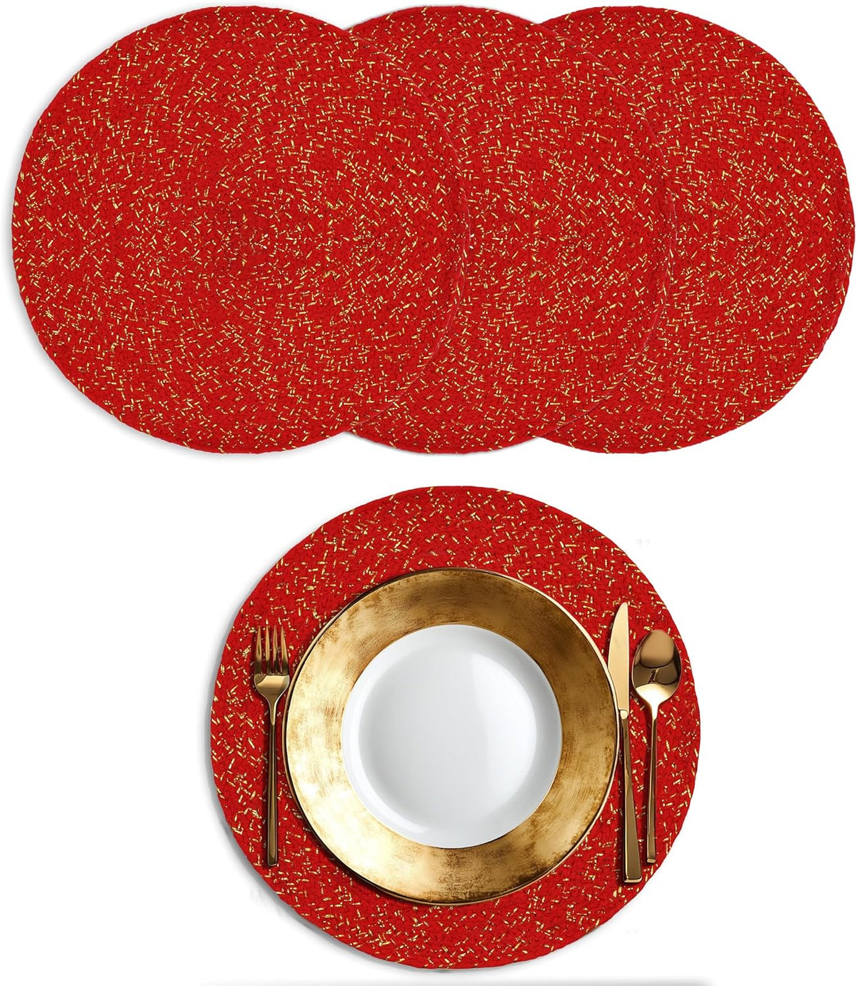 Set 4 Manteles Navideños Hechos a Mano Algodón Trenza