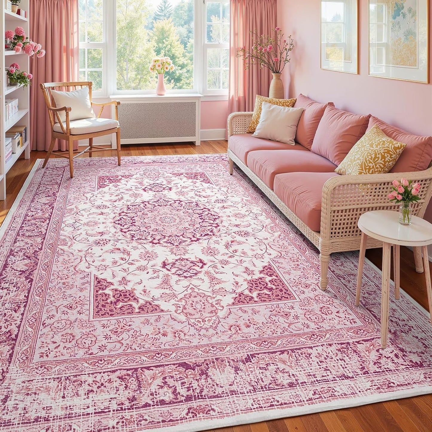 Alfombra 5x7" rosa brillante antiderrap para dormitorio