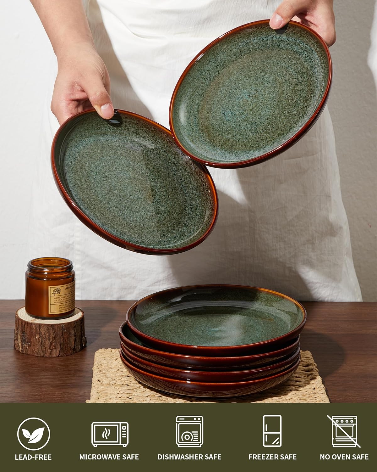 Platos postre gres 8pulg resistente arañazos marrón verde