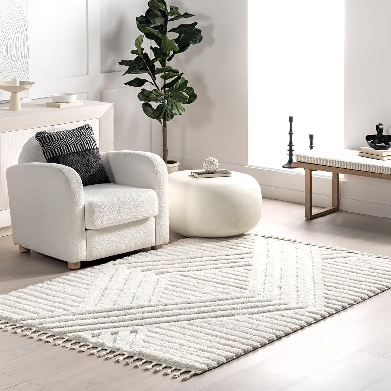 Alfombra Shag geométrica con borlas 4x6ft color marfil
