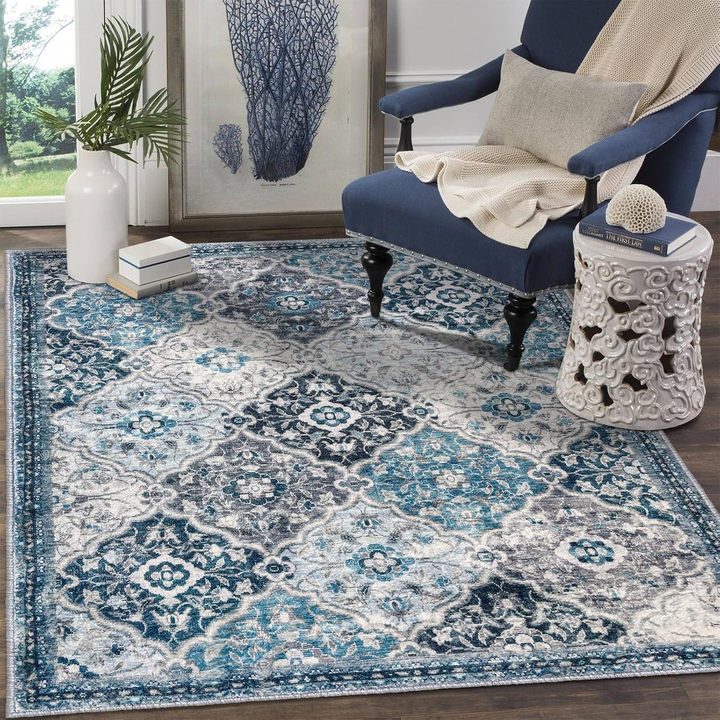 Alfombra marroquí suave 3x5pulg sala azul vintage