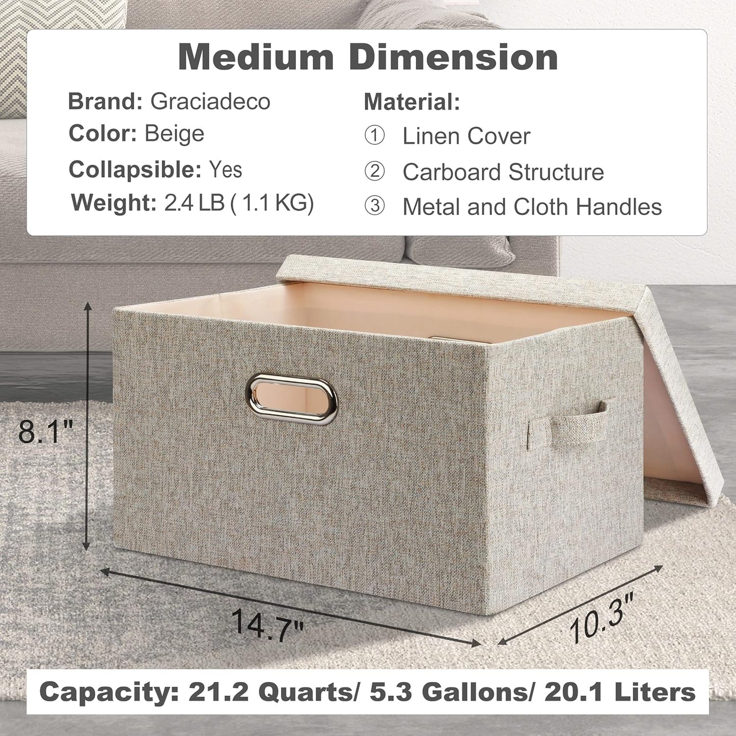 Cestas plegables de lino beige 15x21" con tapa 5 pzas